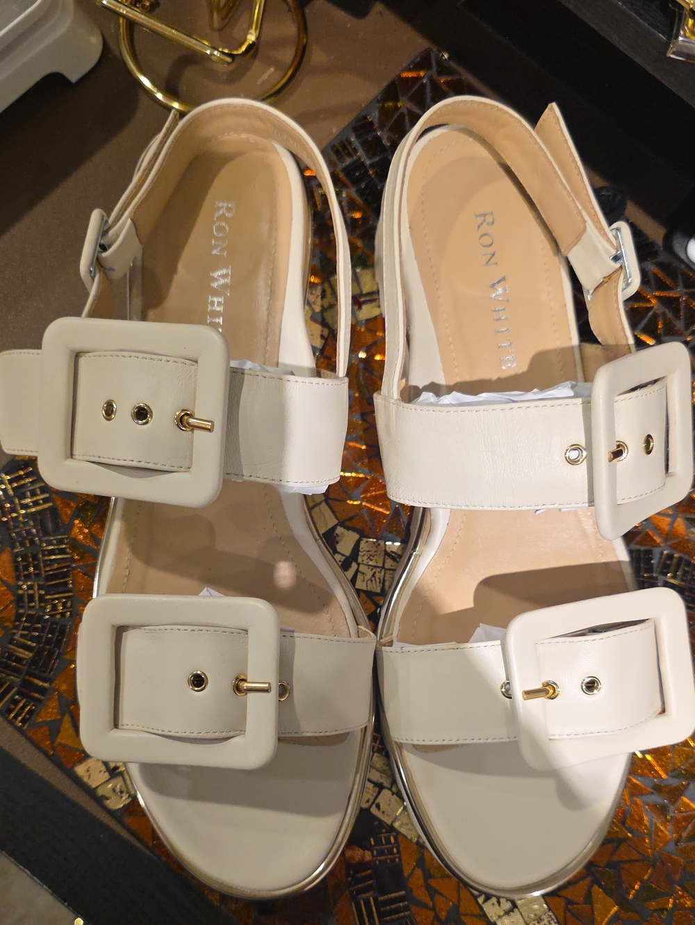 Ron White Cream Buckle Slingback Sandals